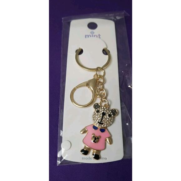Mint Pink Bear Rhinestone Purse Charm Key Ring Chain Gold Tone New - Picture 1 of 4
